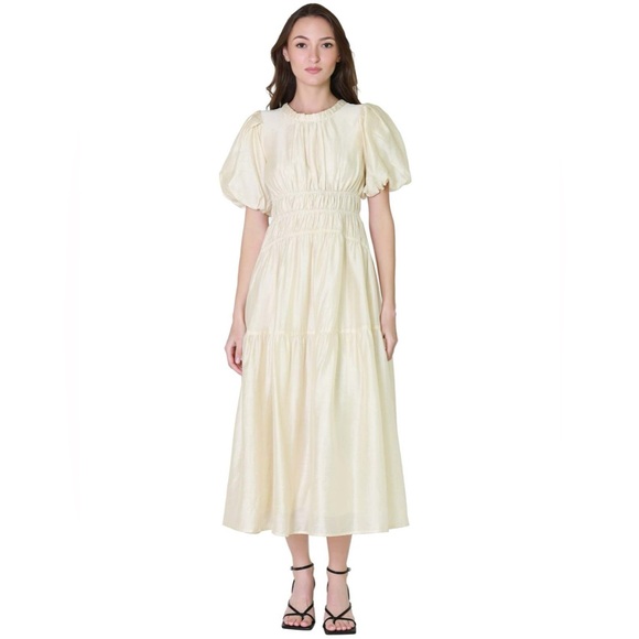 (SOLD) - MOON RIVER Women's Shirred Puff Sleeve Back Cut-Out Midi Dress - Size S - Picture 11 of 13